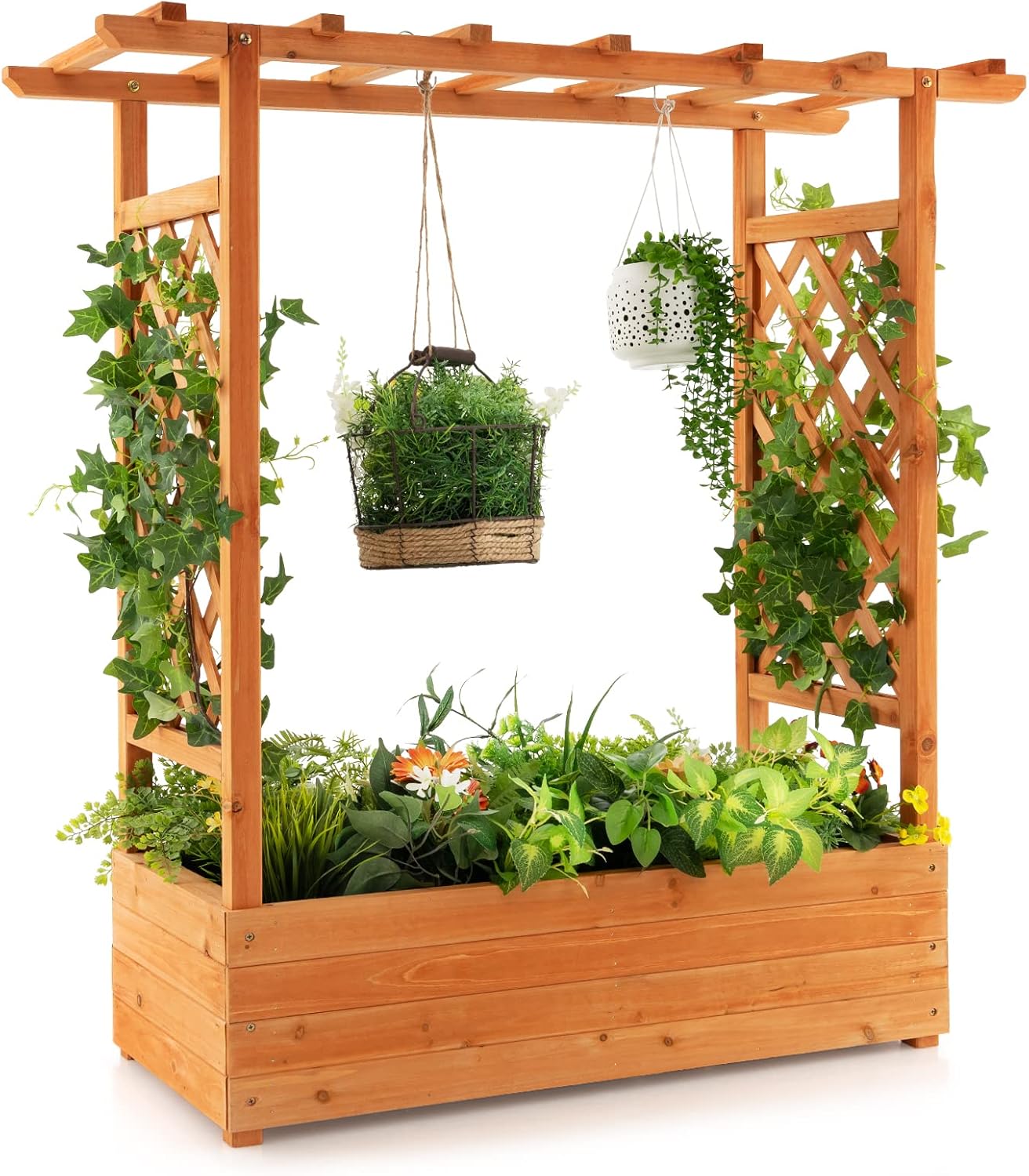 Raised Garden Bed - 아치형 트렐리스와 걸이식 지붕이 있는 목재