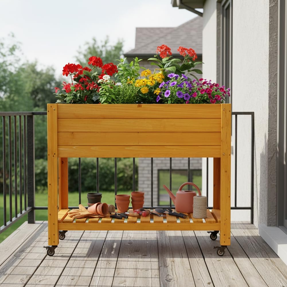 이동식 목재 높이 조절 화분, 나무, 자연색, 바퀴와  - Raised Garden Bed 리뷰 및 가격