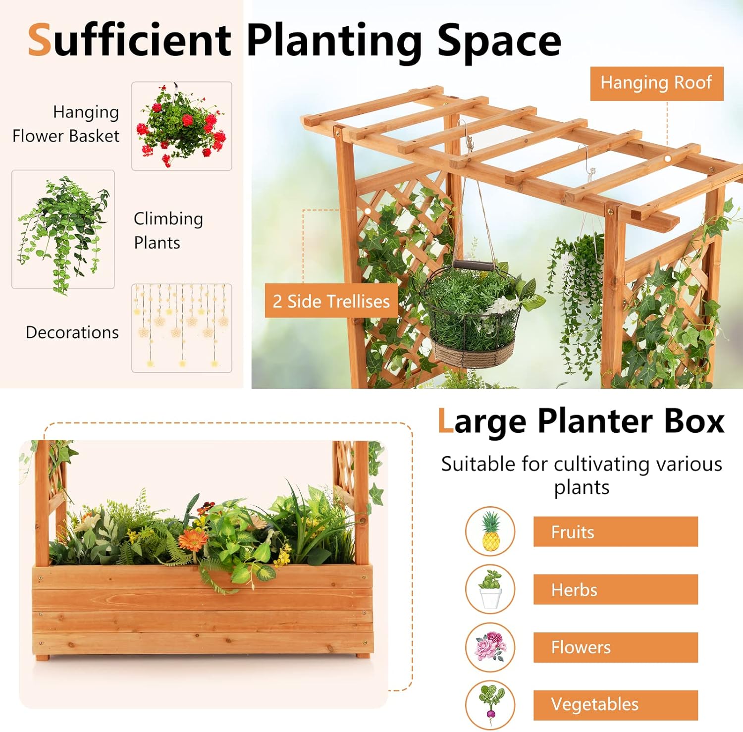 아치형 트렐리스와 걸이식 지붕이 있는 목재 재배용 화단 - Raised Garden Bed 리뷰 및 가격